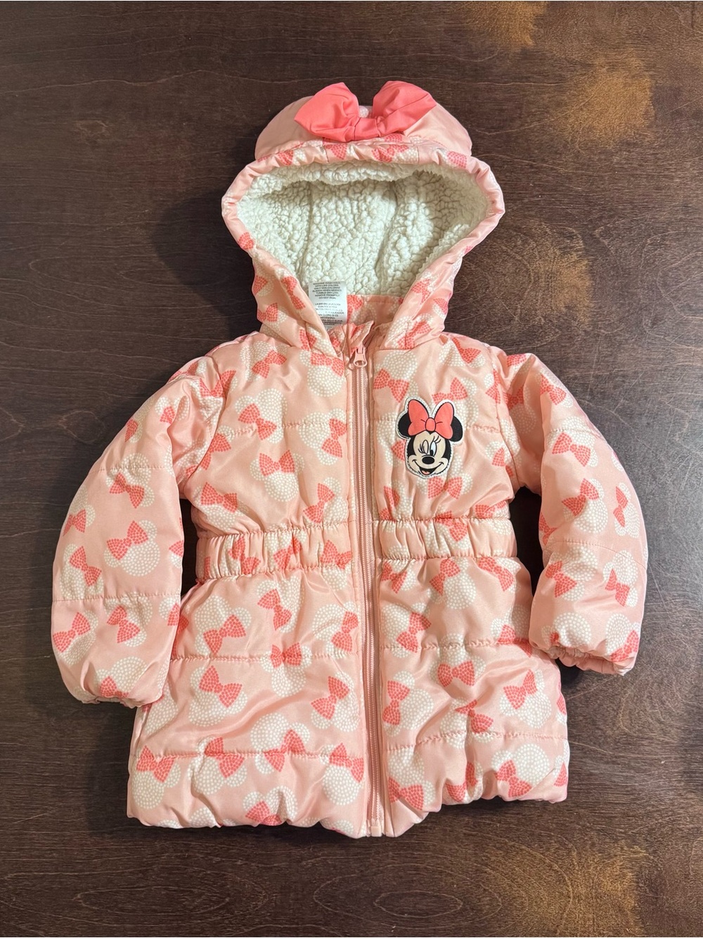 Disney Pink Bow-Print Puffer Jacket with Sherpa Hood